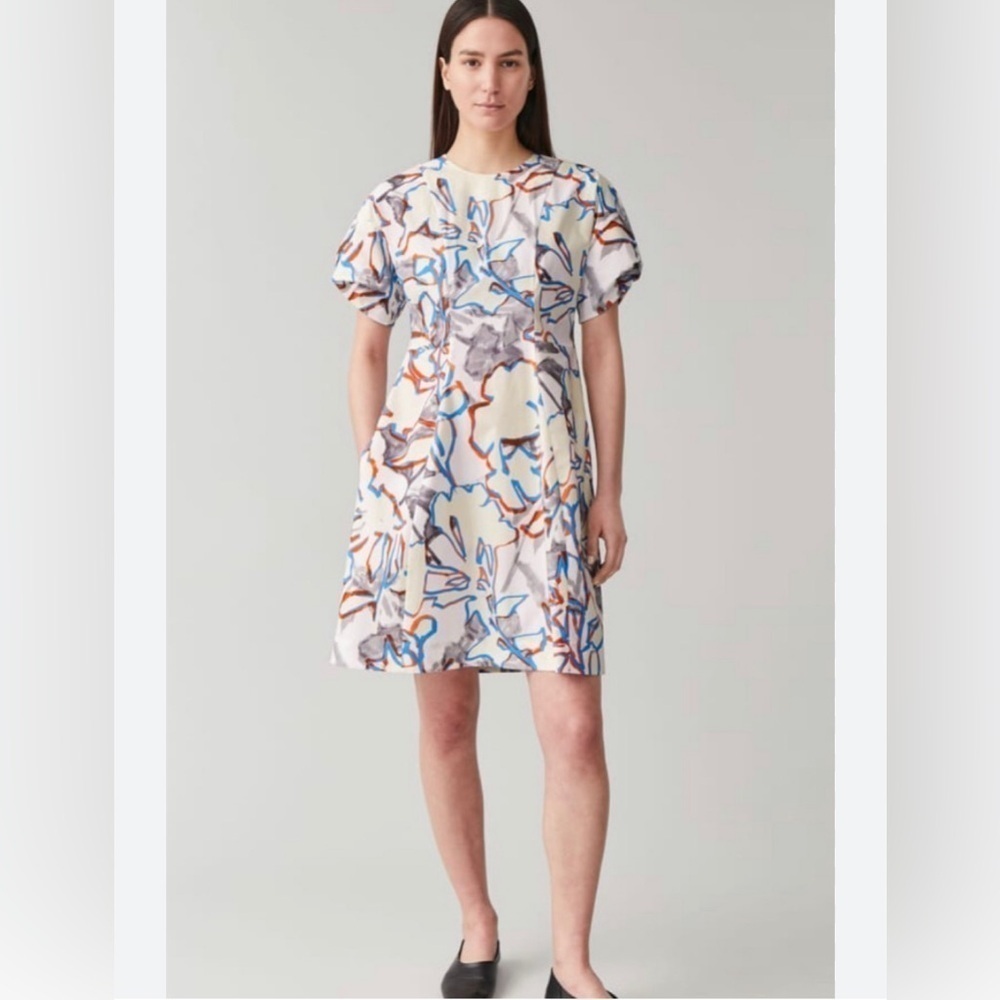 Cos Women Size 4 Dress Printed Draped Sleeved Geometric Floral Print Blu